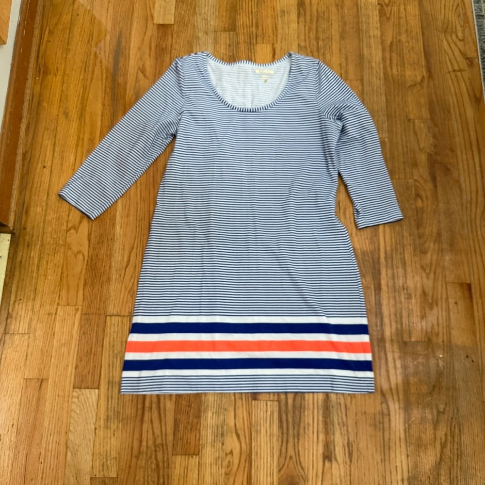 Lilly Pulitzer Beacon Dress Size L Navy Blue White Stripe Orange 3/4 Sleeve EUC
